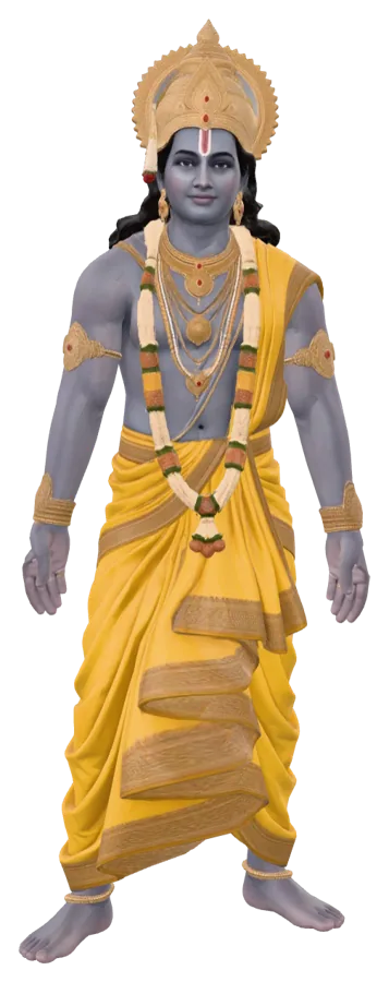 Shri Ram in a saffron dhoti, wearing a golden crown and a flower garland